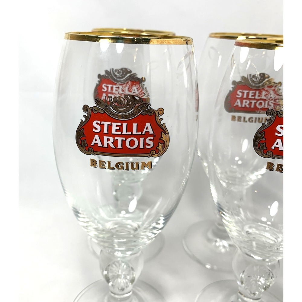 Stella Artois Beer Glass Chalice -SET of 4-Clear Belgium Gold Rim 600 Years... - Picture 3 of 8
